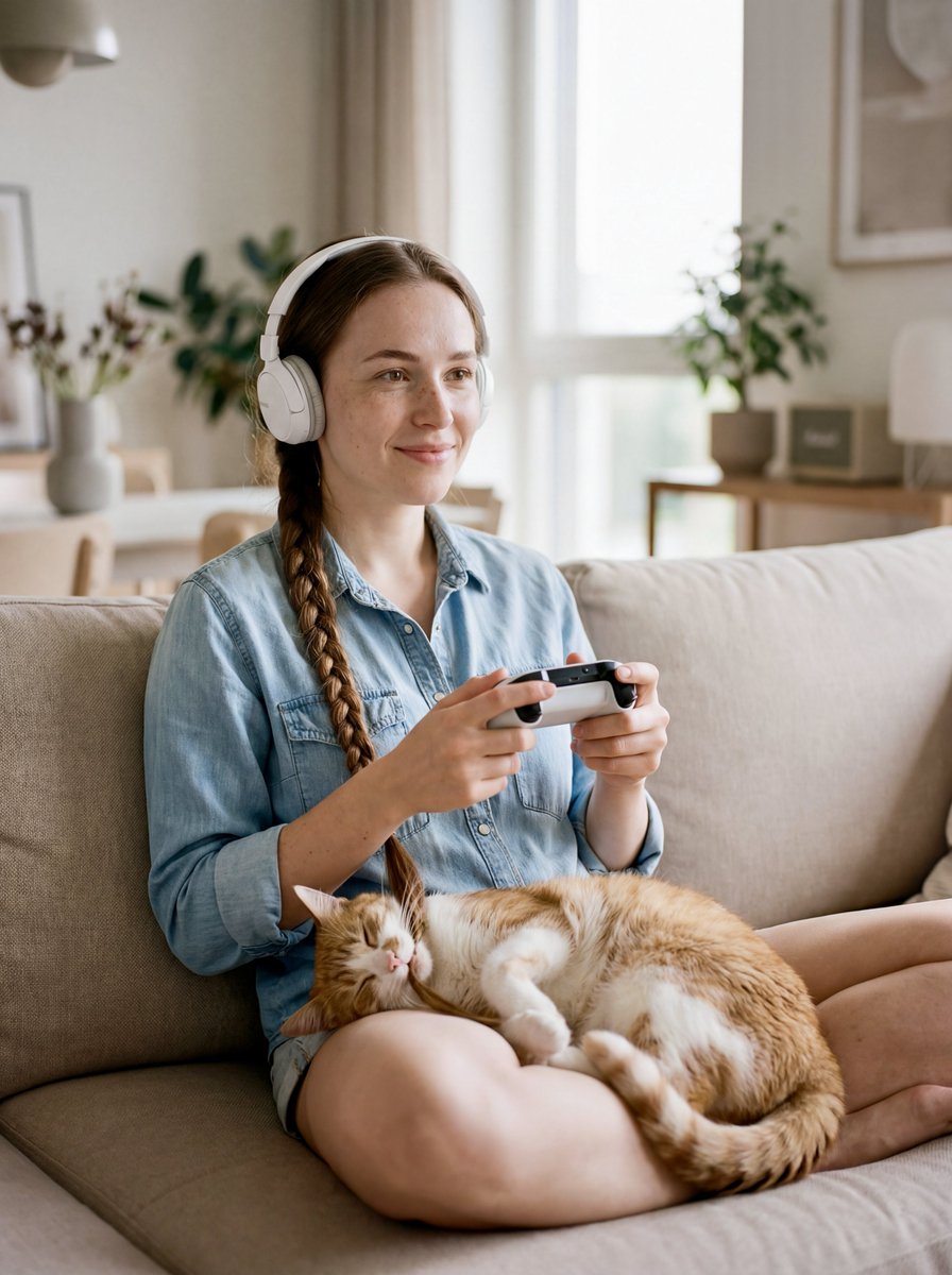 Cozy Gamer Girl and Sleeping Cat