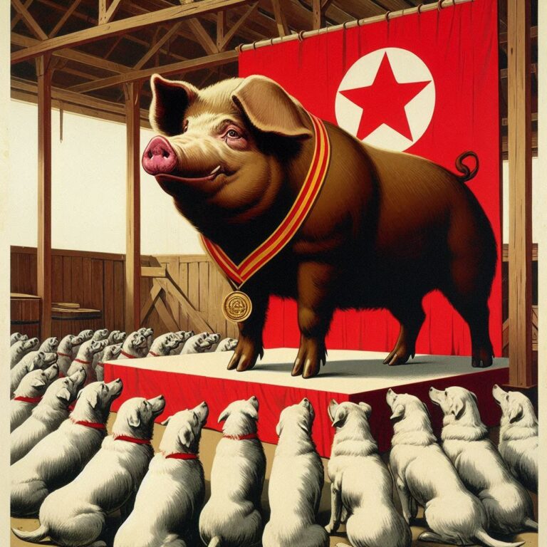 Proud Pig with Medal Surrounded by Savage Dogs