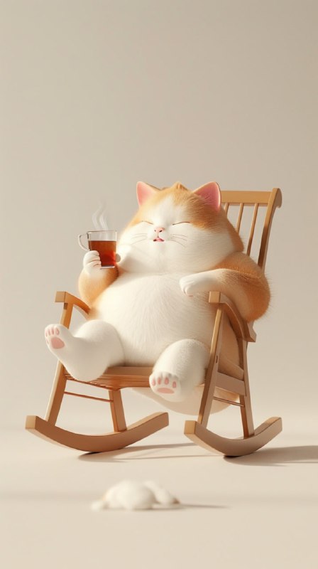Fluffy Cat on Rocking Chair with Tea