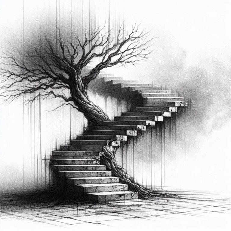 Surrealist Sketch of Tree and Staircase