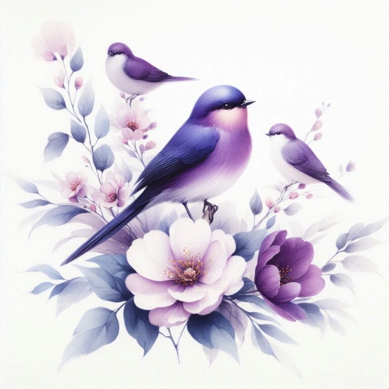 Watercolor Purple Birds Among Flowers