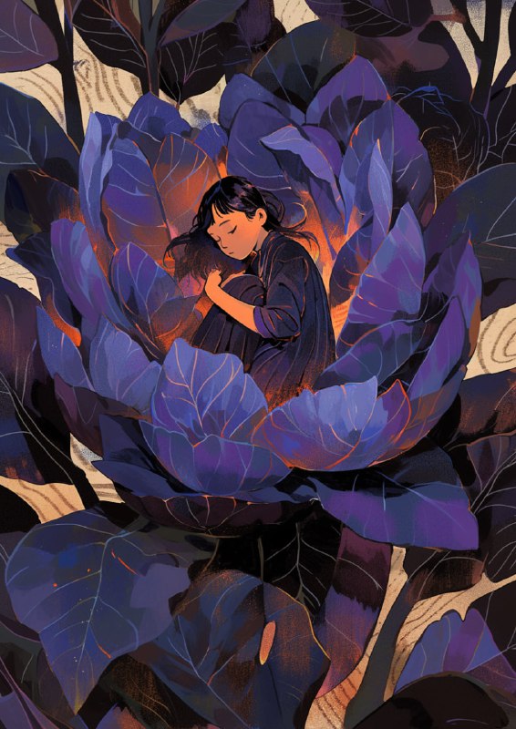 Girl Inside Flower with Purple Leaves