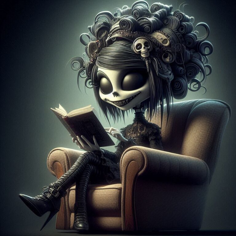 Goth Girl Reading in Surreal Recliner