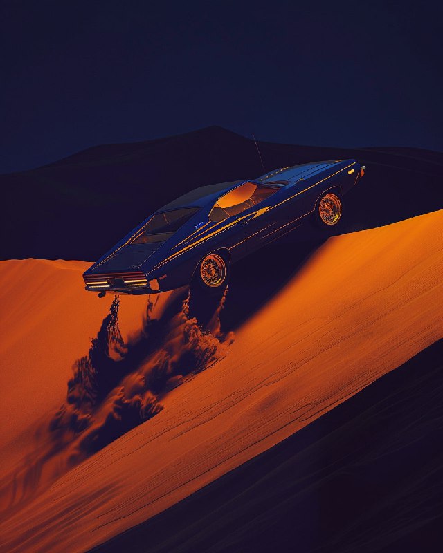 Falling Blue Car Suspended Over Sand Dunes