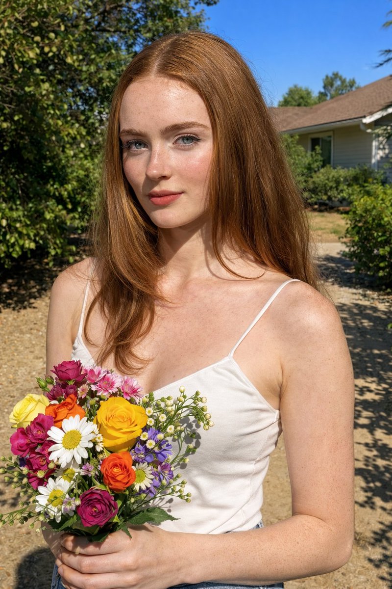 Natural Midday Garden Portrait Holding Flowers