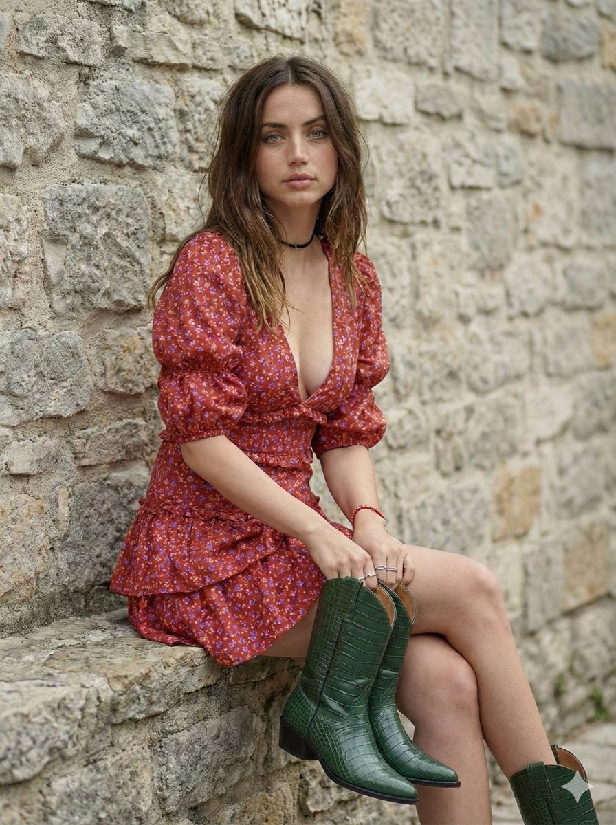 Red Dress Beauty Stone Wall