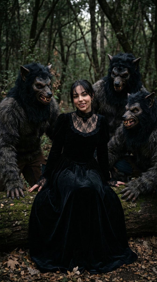 Vampire Girl With Werewolves In Forest