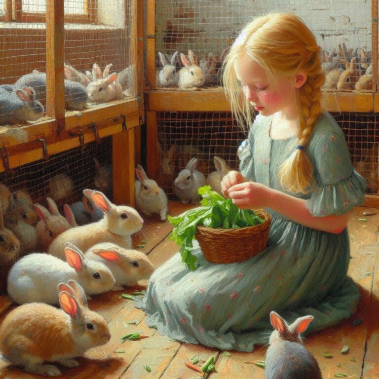 Freckled Girl Feeding Rabbits Painting
