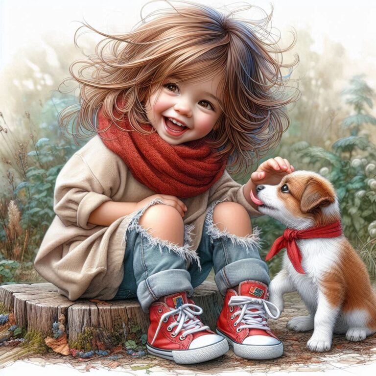 Girl Laughing with Dog on Stump