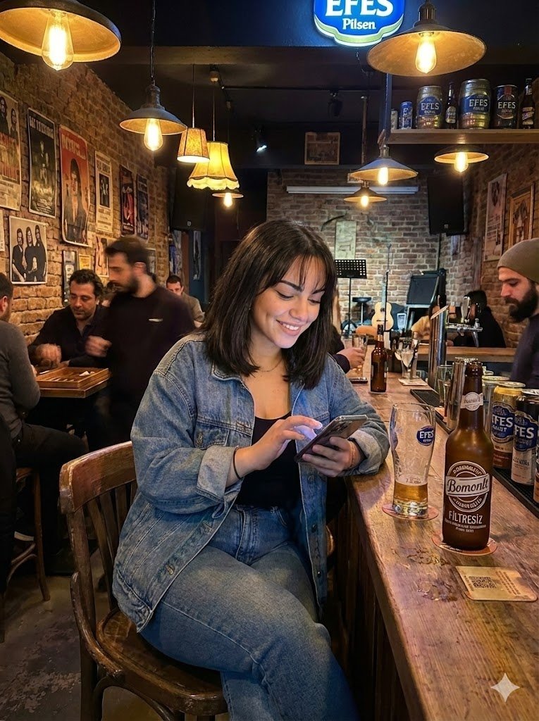 Smiling Girl Checking Phone In Bar