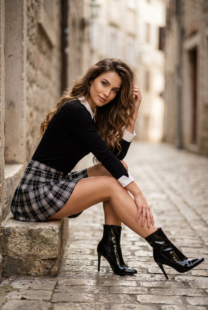 Stylish Beauty in Cobblestone Alley