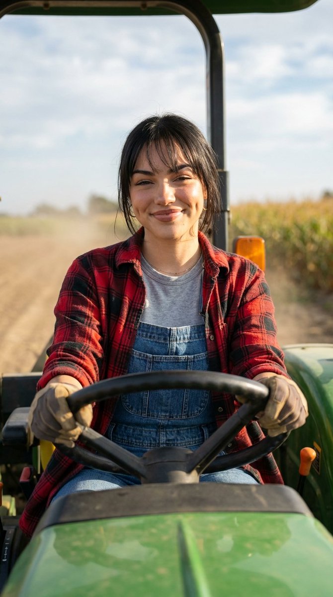 Smiling Tractor Girl in Farmland