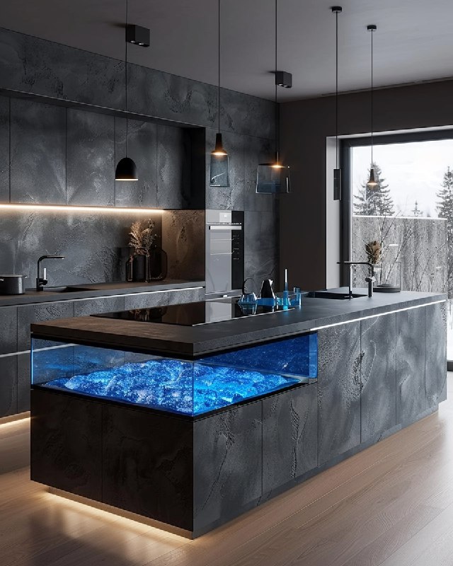 Modern Kitchen with Glowing Glass Island