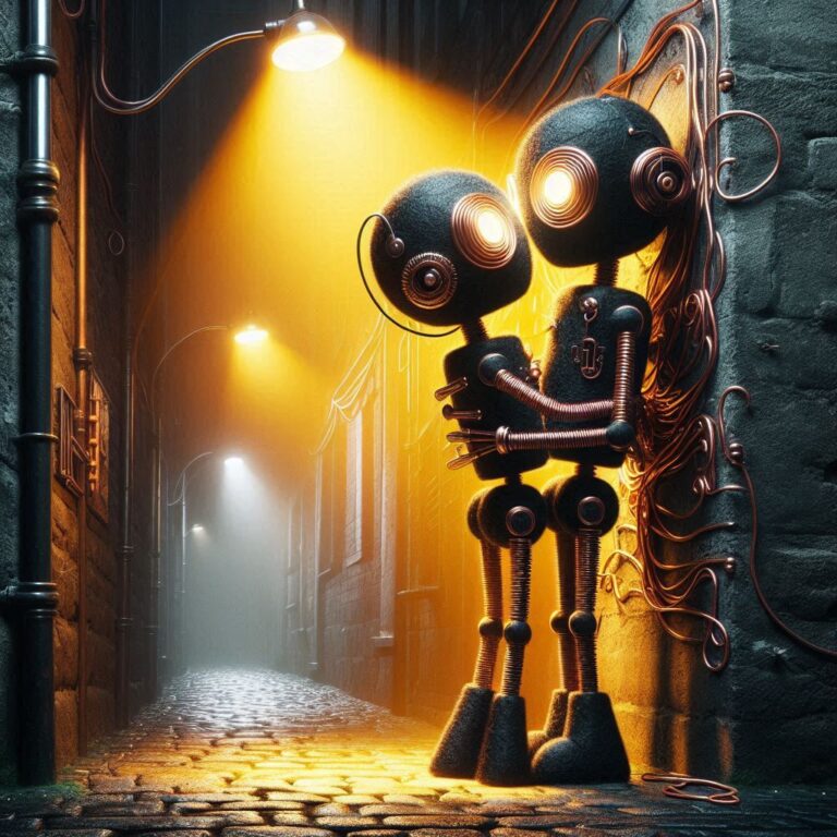 Copper Wire Robots Kissing Dark Alleyway