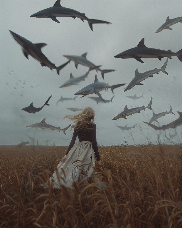 Woman in Field with Floating Sharks