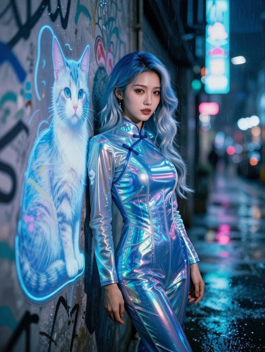 Cyberpunk Neon Girl In Rainy Alley
