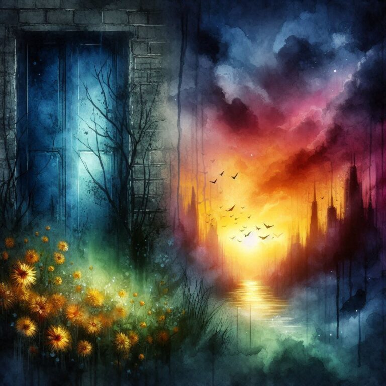 Concrete Wall Blue Door Watercolor Sunset