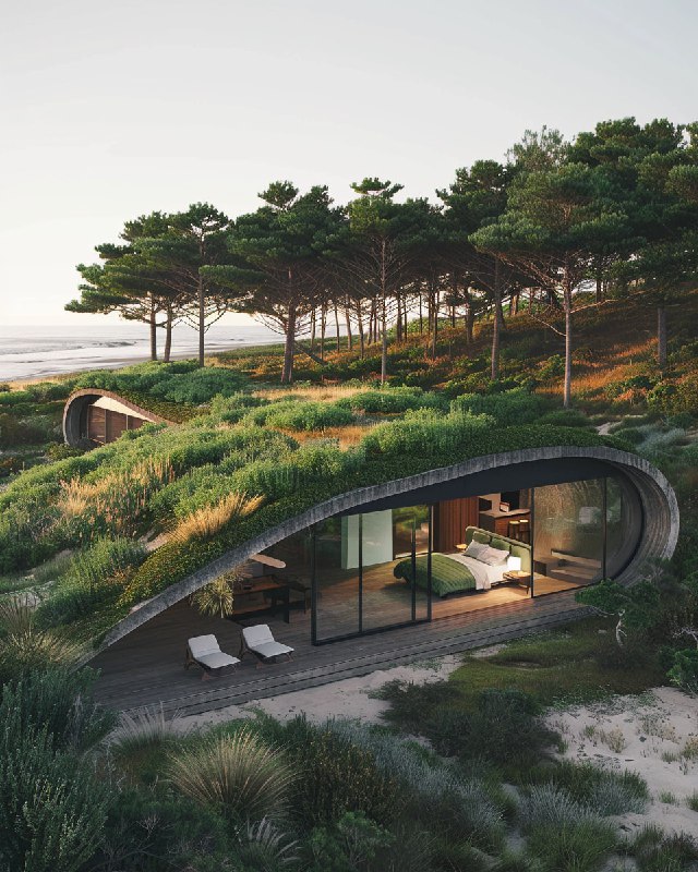 Biophilic Shell Cabin Camouflaged in Dunes