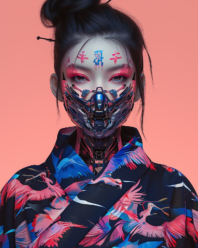 Futuristic Geisha with Neon Crane Pattern