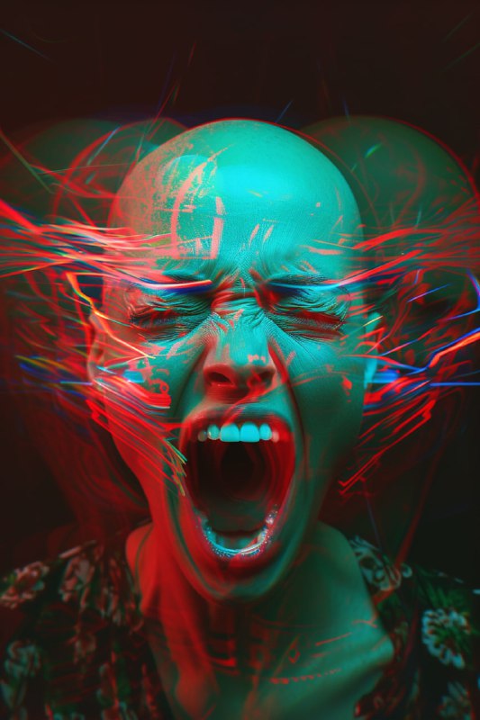 Iridescent Holographic Bald Woman Screaming