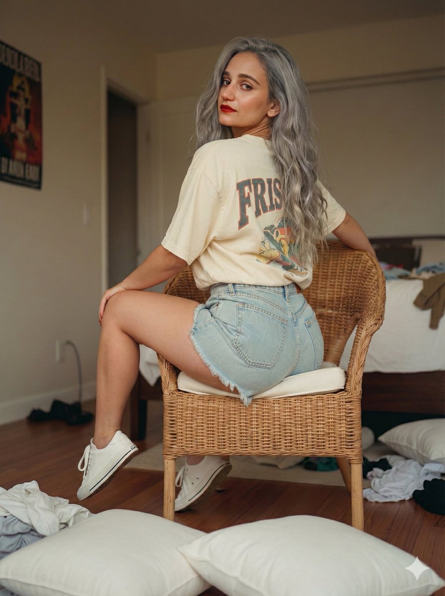 Vintage Bedroom Portrait in Rattan Chair
