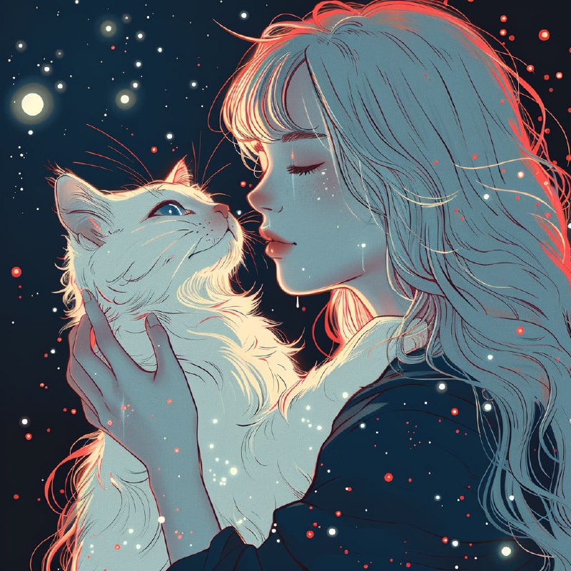 Girl with Cat – Minimalist Night Sky