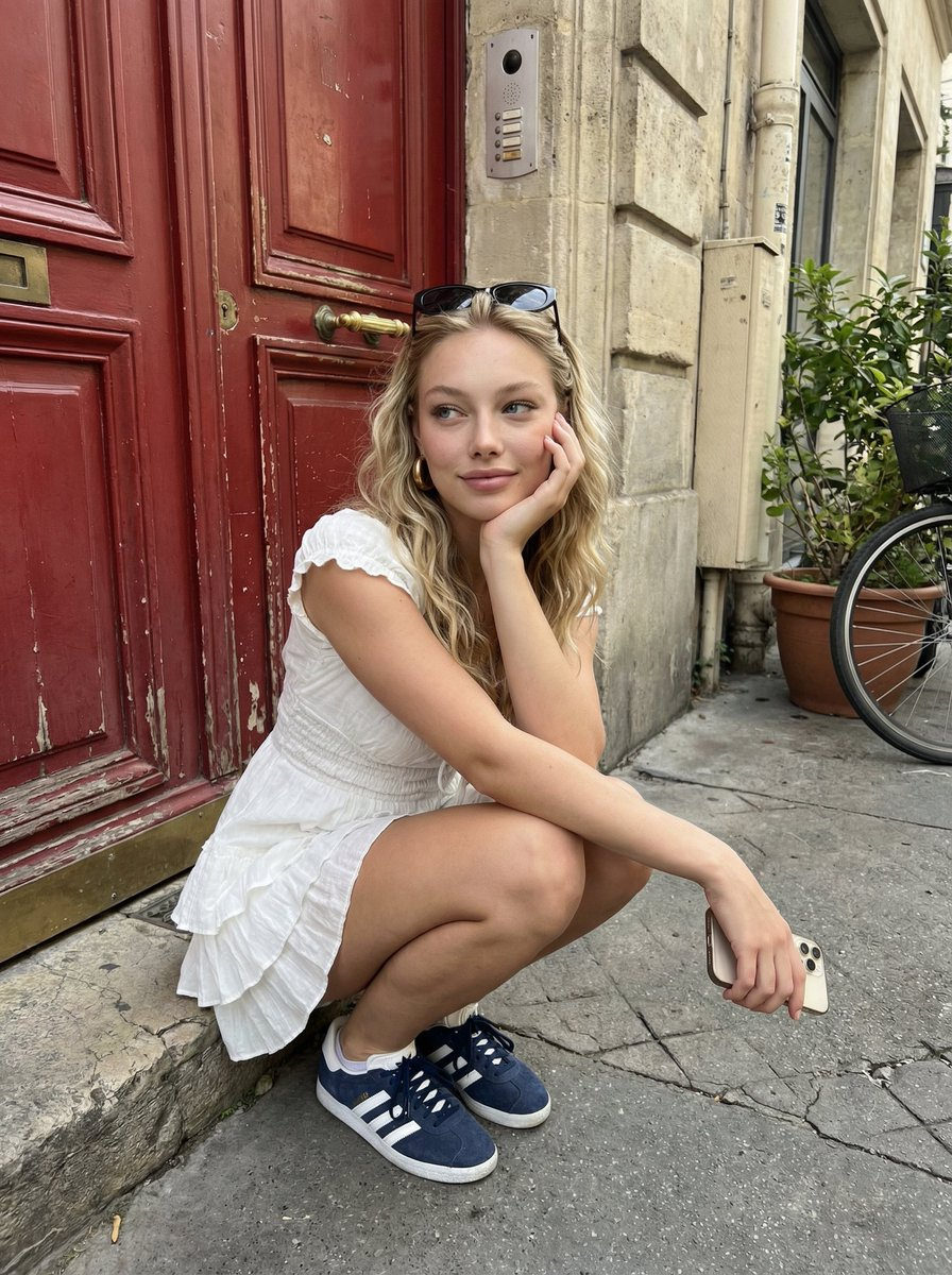 Squatting Girl by Red Door