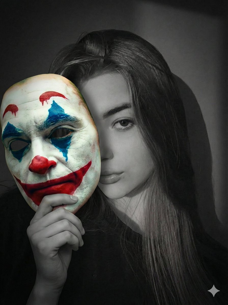 Grayscale Duality With Vibrant Clown Mask