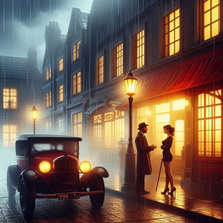 Misty Street with Red Building – Rainy Scene