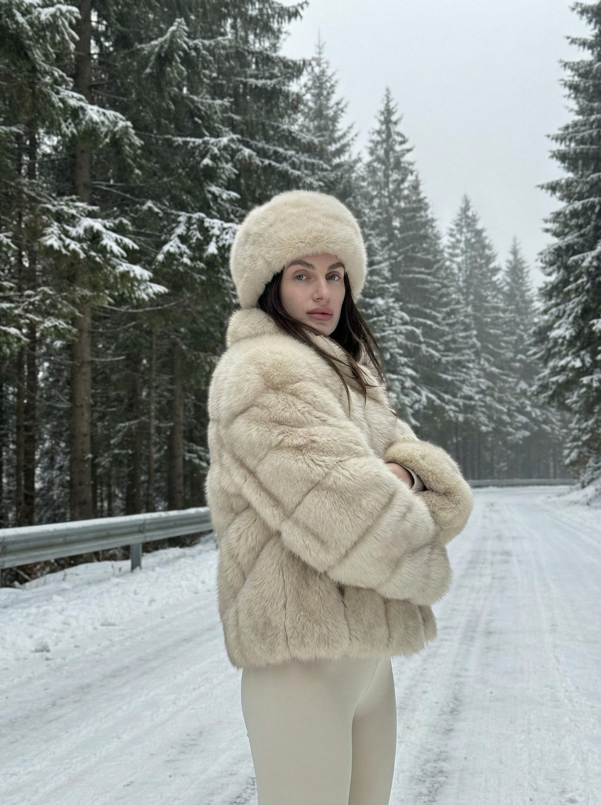 Cream Fur Coat In Snowy Forest