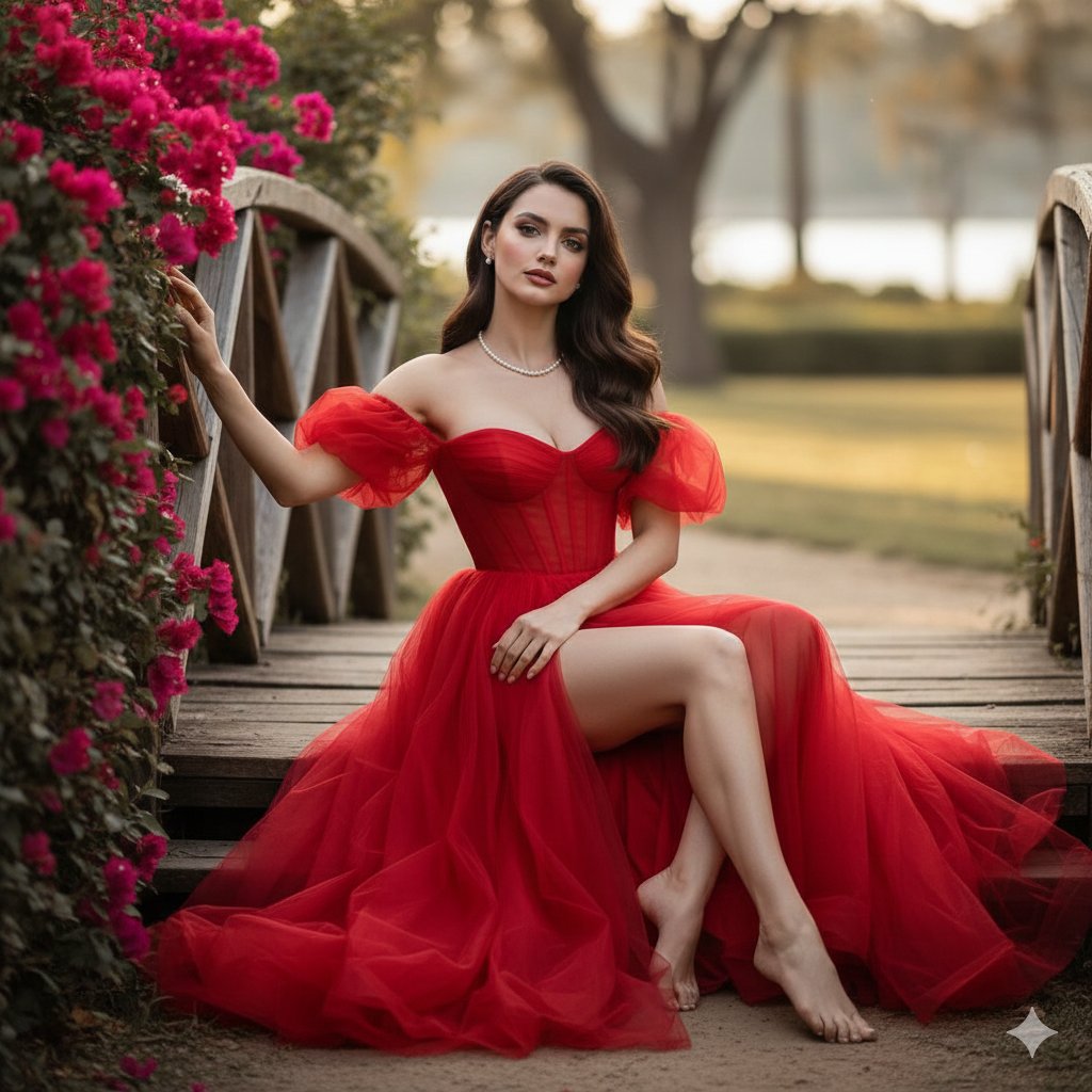 Elegant Red Gown Cinematic Portrait
