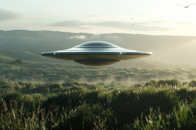 Sleek Flying Saucer over Lush Terrain – Hyper Realistic