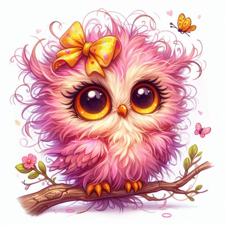 Cute Pink Owl with Messy Hair and Bow