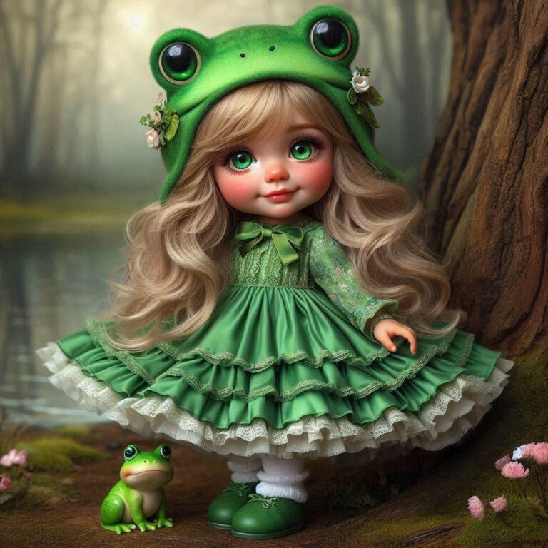 Adorable Toddler in Frog Hat by Forest Tree