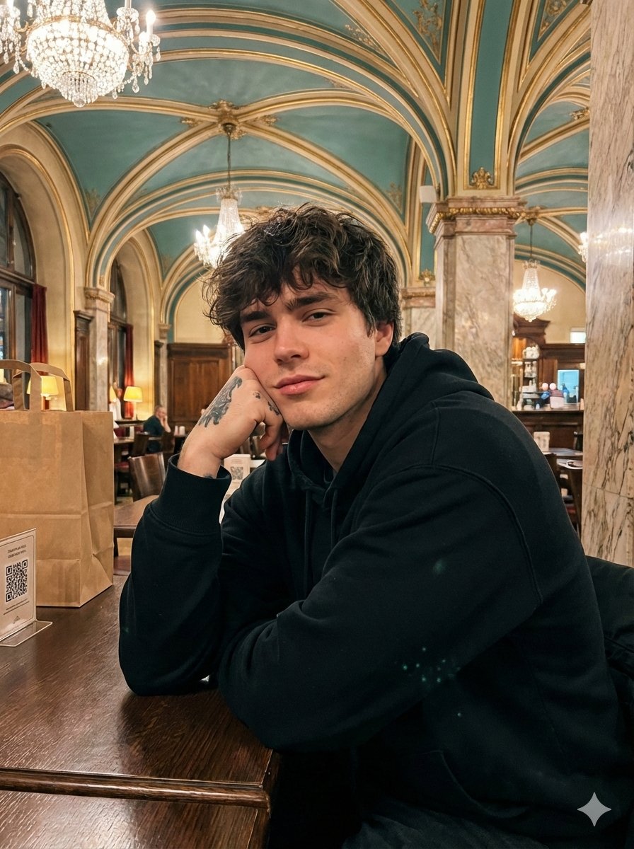Confident Man In Historic European Cafe
