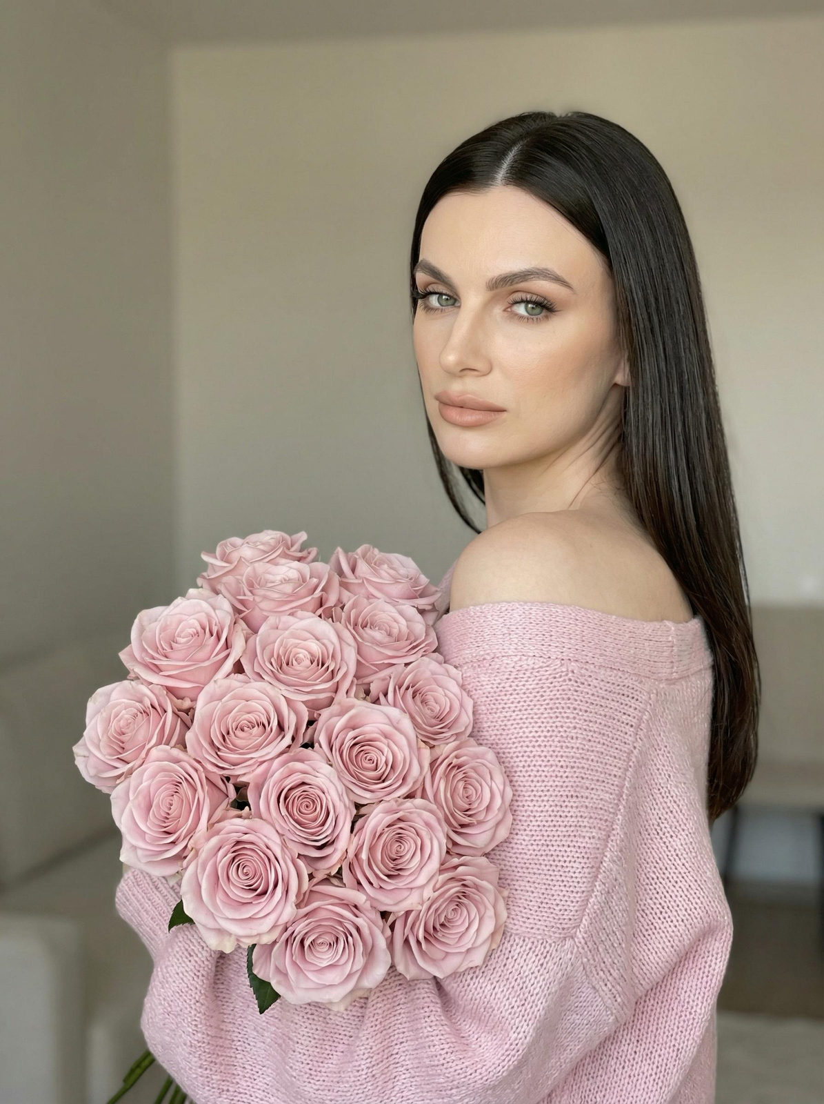Pink Roses Over Shoulder Gaze