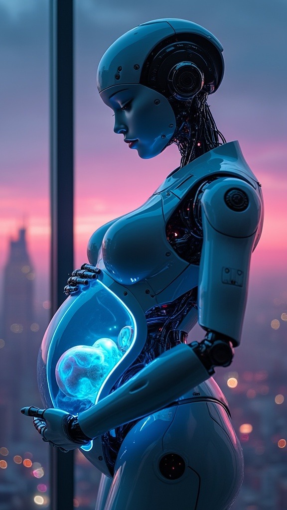 Pregnant Robot Admires Baby in Womb