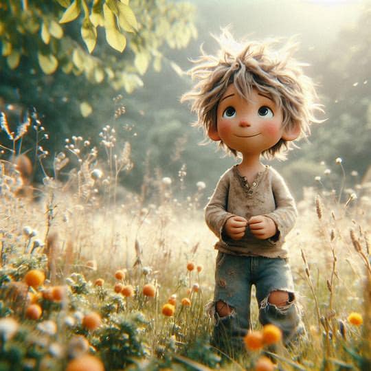 Claymation Blond Boy in Tattered Jeans Painterly Fantasy