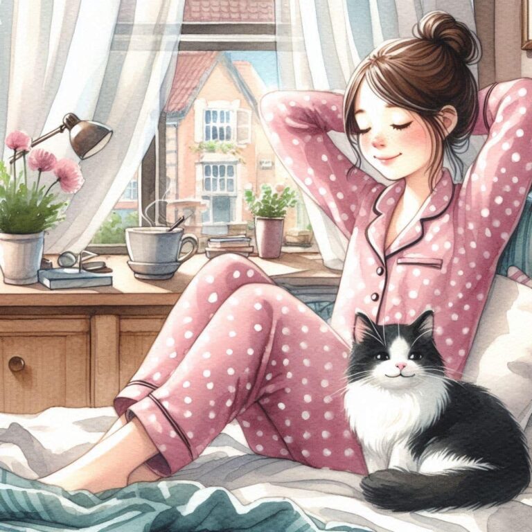 Girl and Cat Lazy Day in Cozy Bedroom With Hot Cocoa