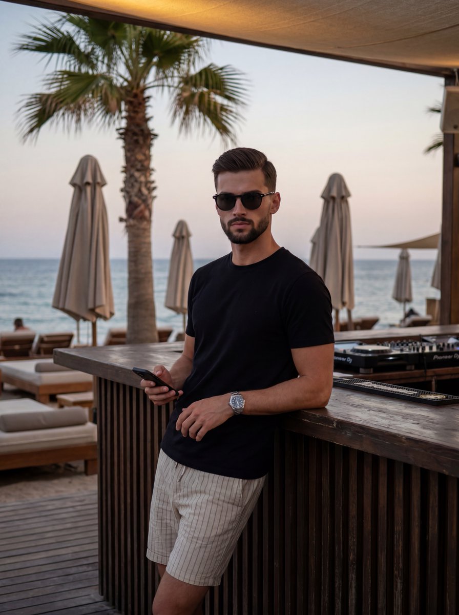 Stylish Man at Beach Club Dusk