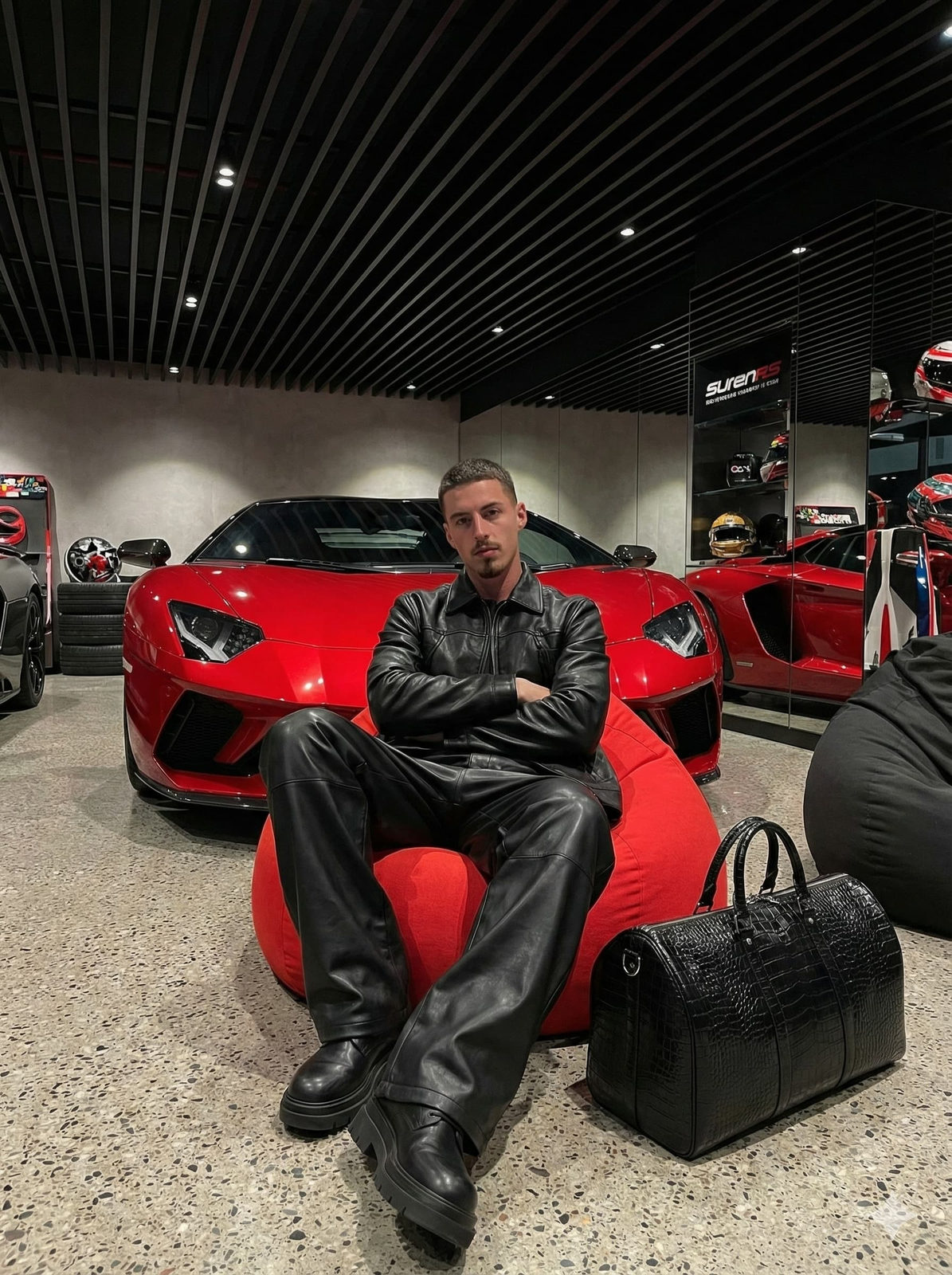 Luxury Showroom with Red Supercar Glow