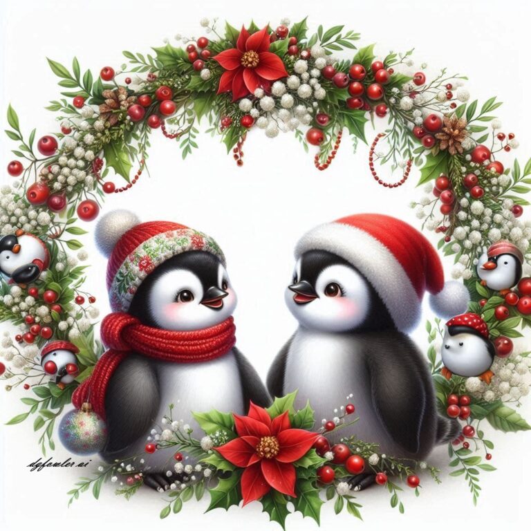 Christmas Frame with Penguins and Flowers