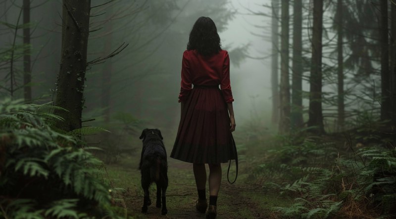 Woman with her dog walking through the forest