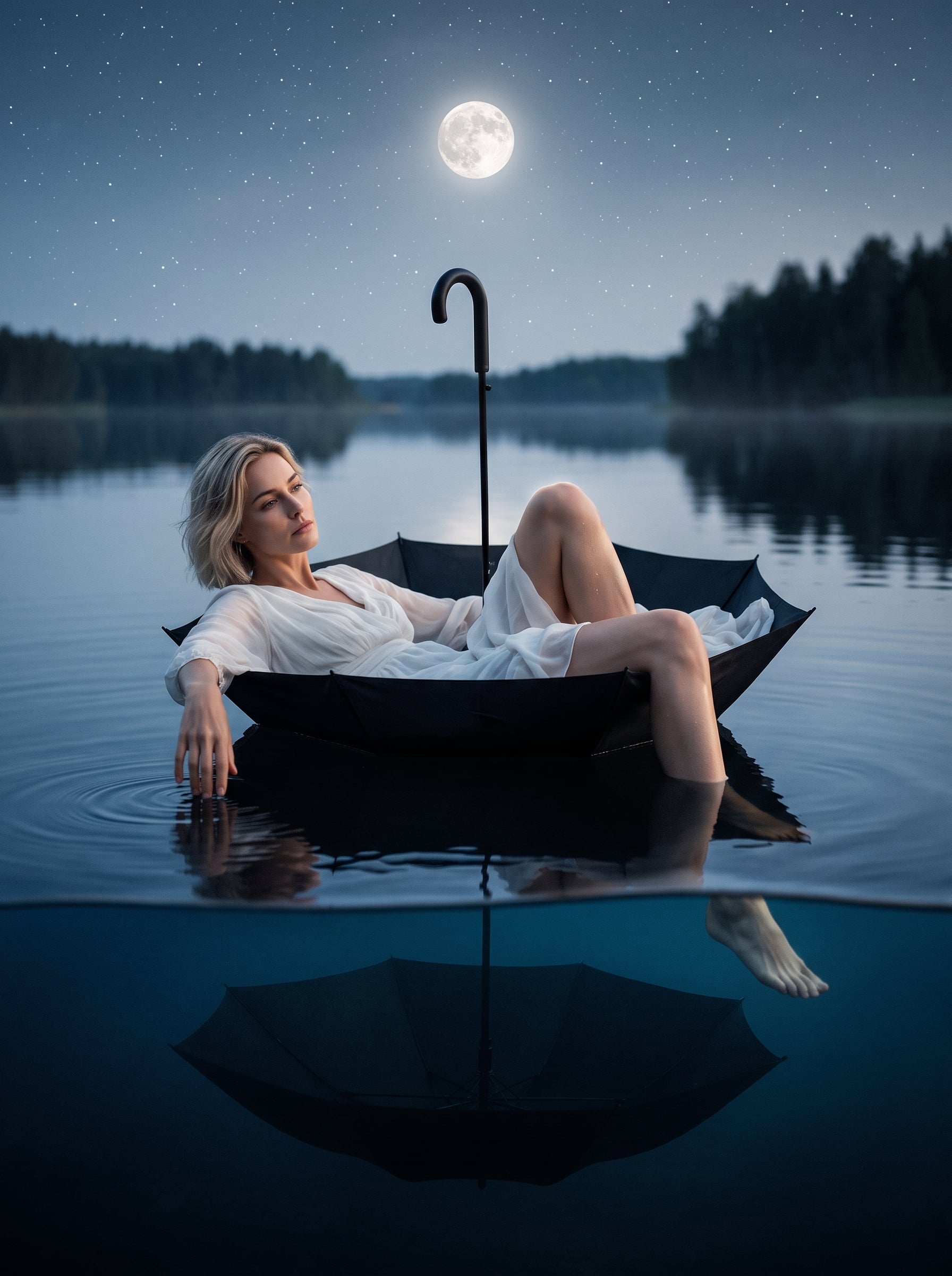 Surreal Umbrella Boat Moonlit Lake Portrait