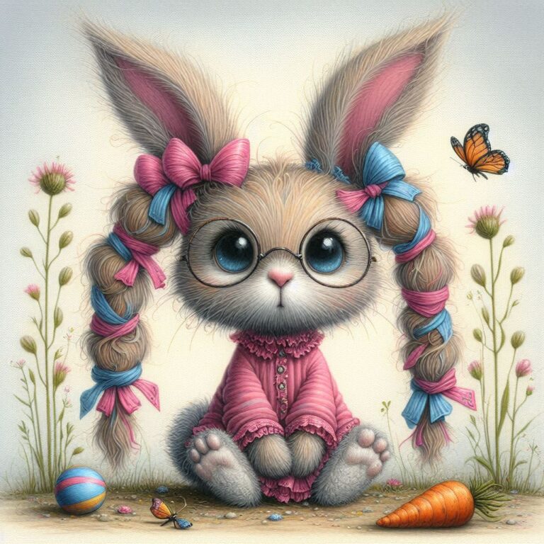 Whimsical oil painting of a cute bunny character