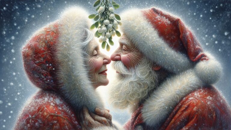 Aging Santa and Mrs Claus Eskimo Kiss