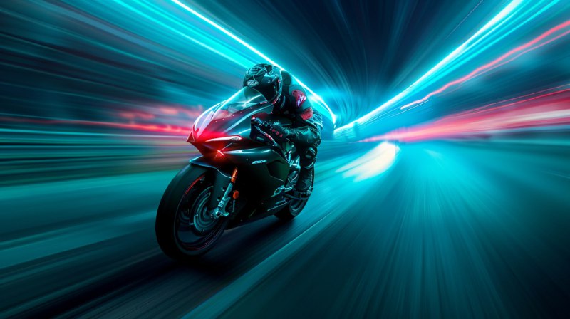 MotoGP Rider Speeding on Neon-Lit Futuristic City Road