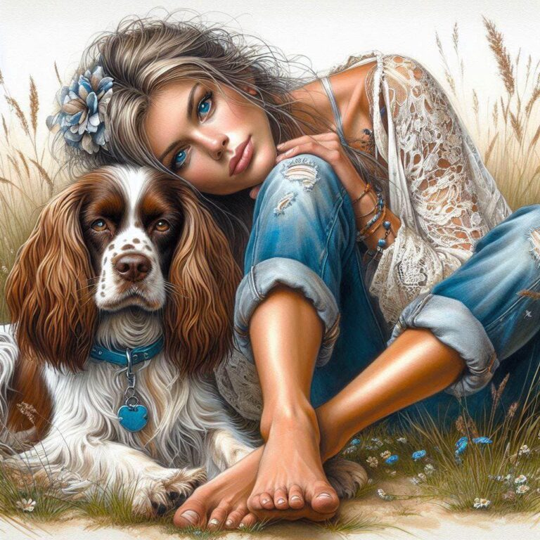 Lady laying in the grass with spaniel beside