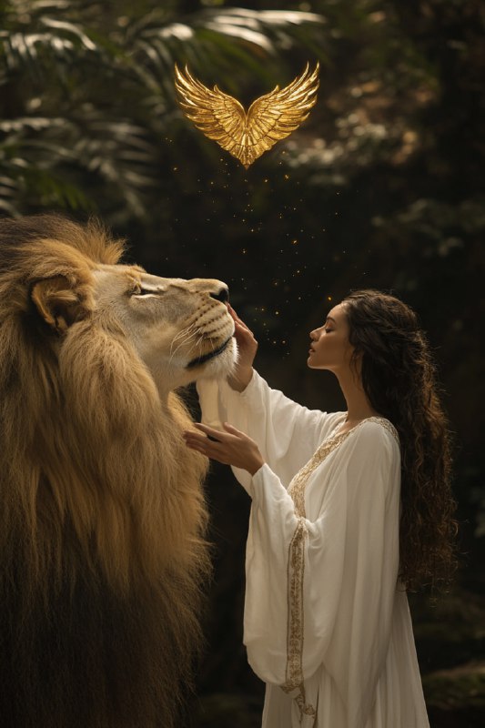 Woman in white robes gently closing the jaws of a lion