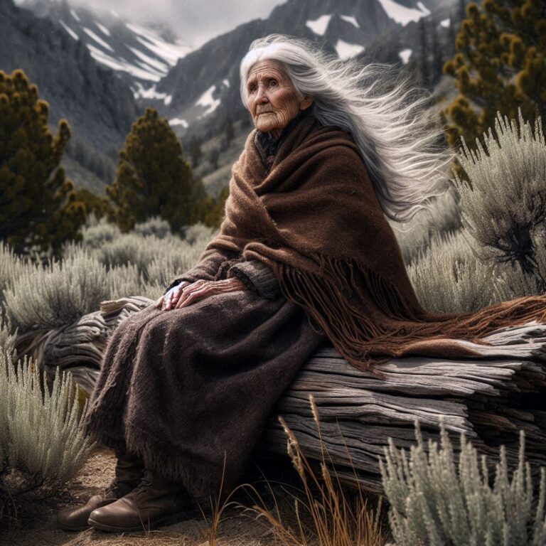 Old lady sits on an old fallen log